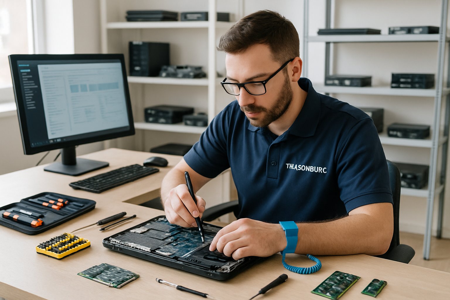A technician repairing a laptop at a clean, organized computer repair workspace with tools and computer parts in the background.