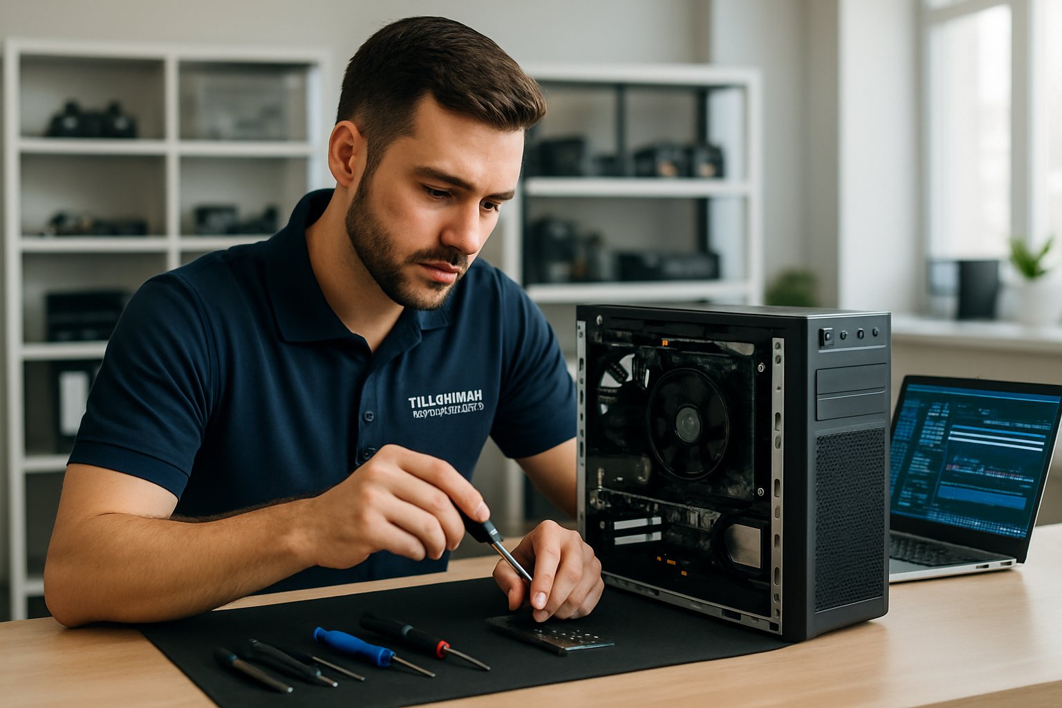 A technician repairing a desktop computer in a clean, organized computer repair workshop.
