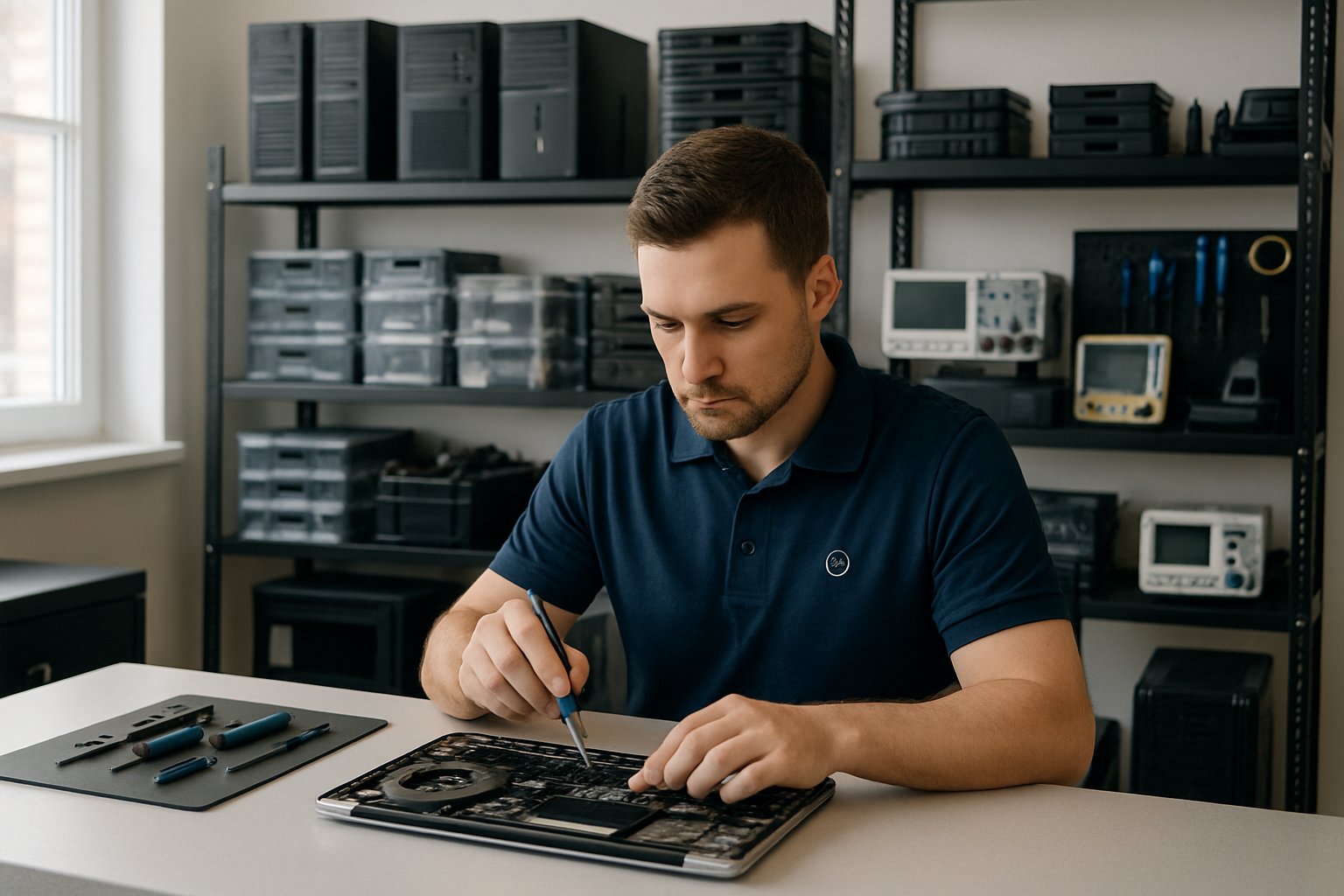 Technician repairing a laptop in a clean, organized computer repair shop with tools and parts on shelves.