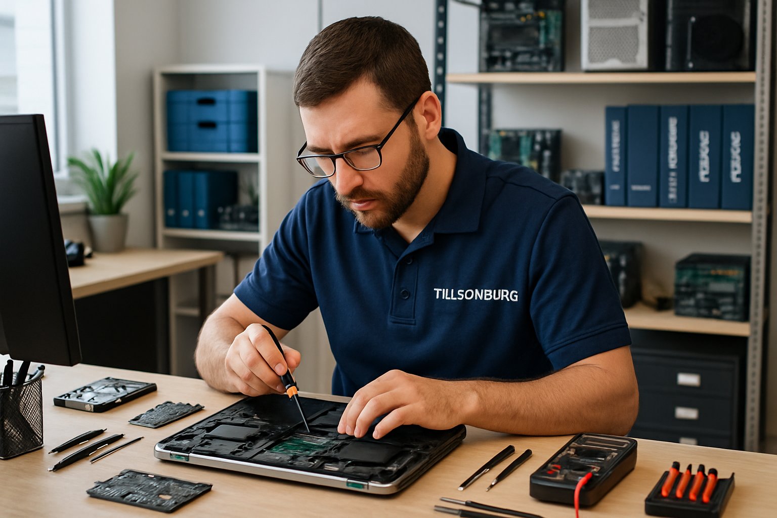 A technician repairing a laptop at a clean and organized computer repair workstation with tools and computer parts around.