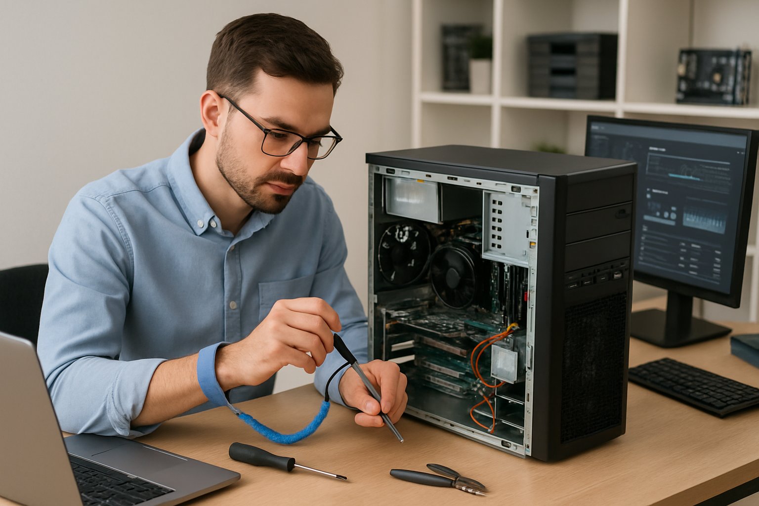 A technician inspecting the internal components of a desktop computer on a tidy desk with computer parts and tools nearby.