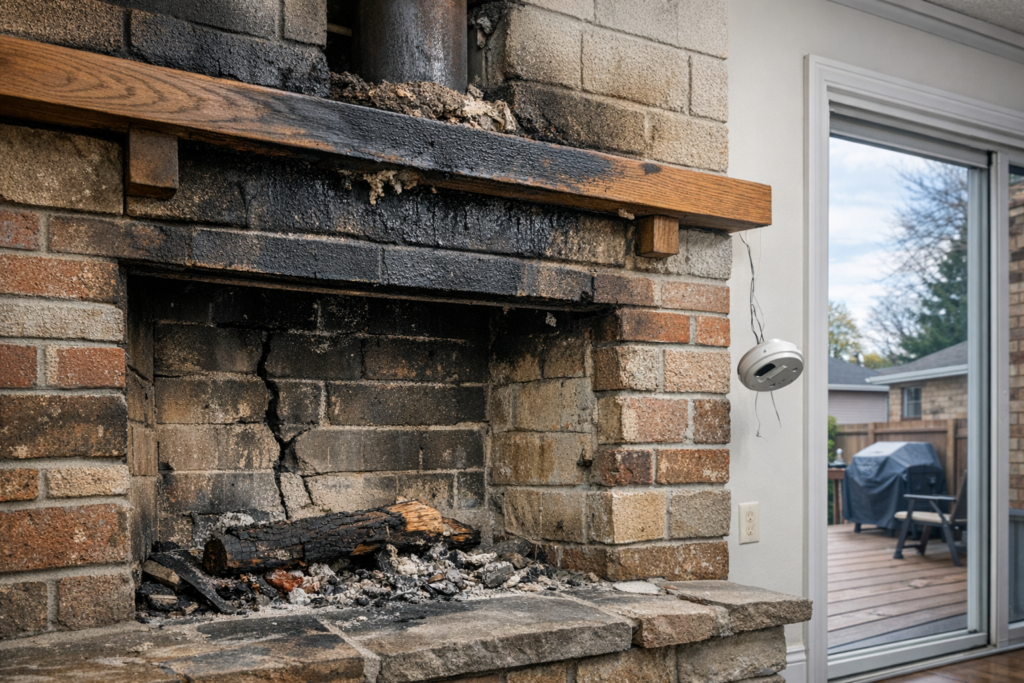 Fireplace emitting smoke showing potential safety concerns