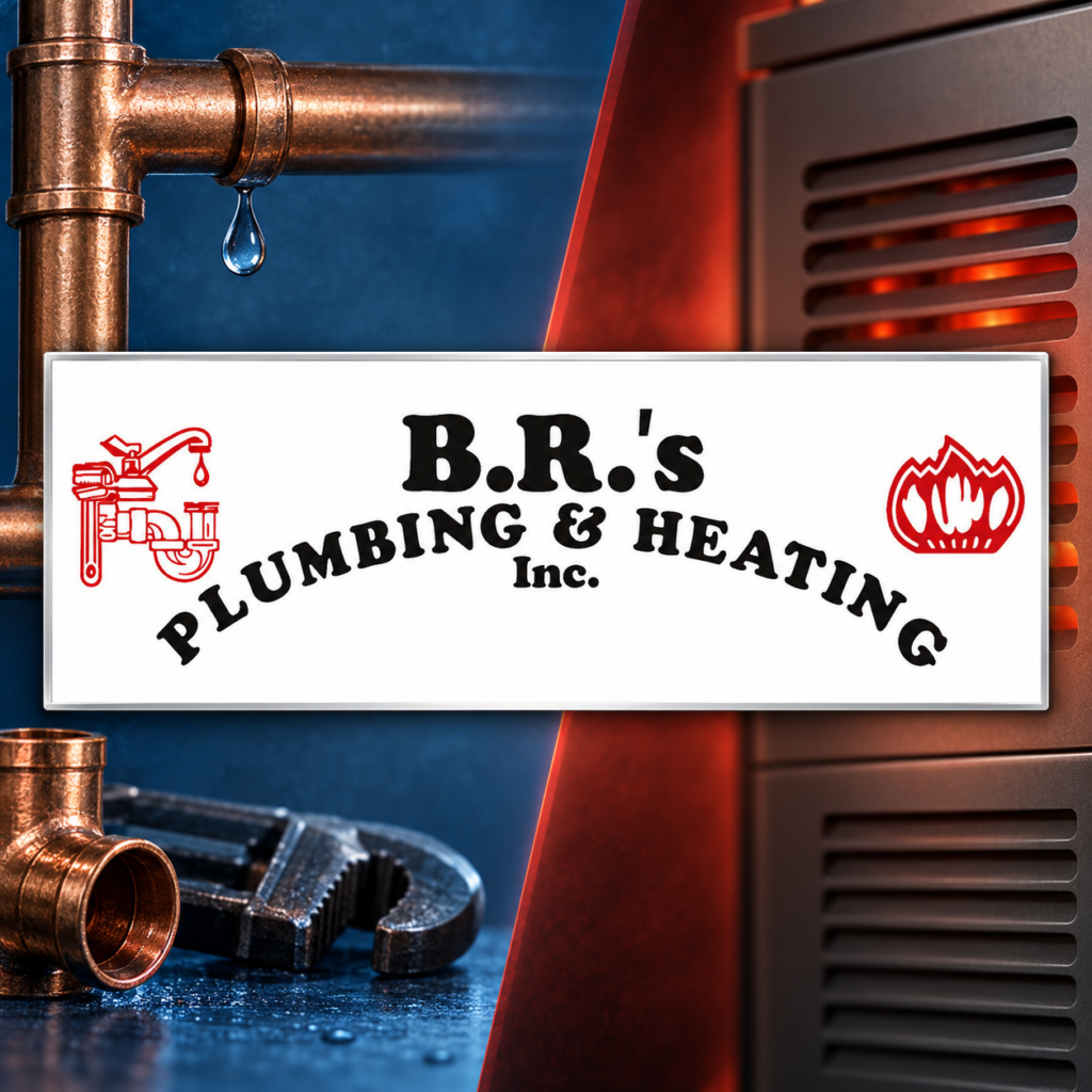 B.R.'s Plumbing and Heating sign with plumbing pipes and heating equipment
